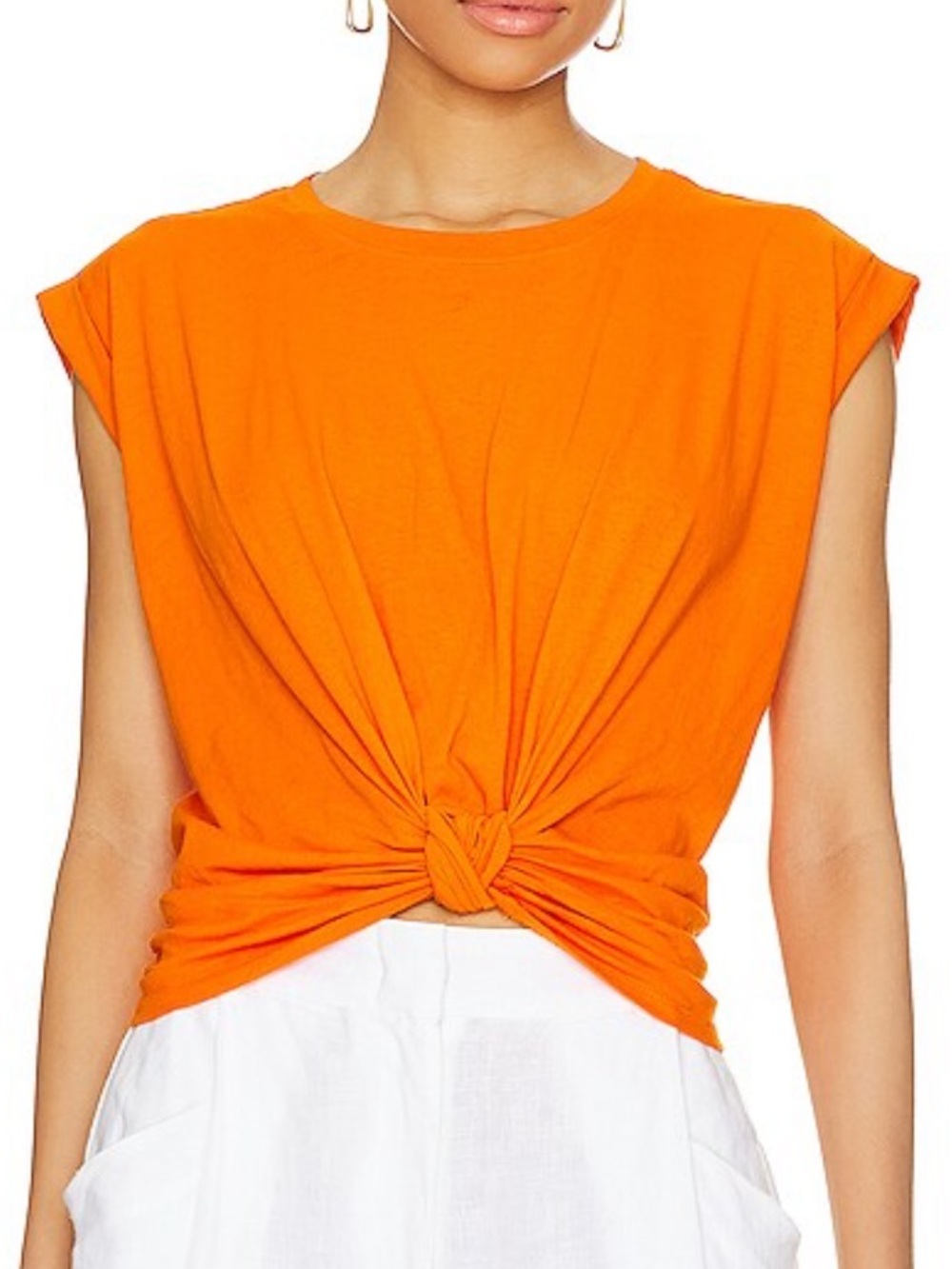 Frame knotted roll sleeve side ruched cotton tee in nectarine M